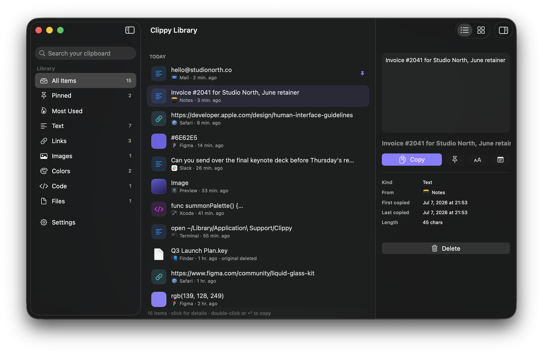 The Clippy Library window with sidebar, item list, and details pane